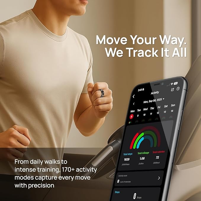 Pachira Smart Ring, Dual 14K Gold Inlays, Fitness/Sleep/Stress/Heart Rate/SpO2 Tracker, No App Subscription, 7-Day Battery Life, Size Before You Buy, Black (US Size 9.25)