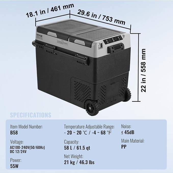 VEVOR Car Refrigerator 58L / 61.5 QT, Dual Zone 12 Volt Compressor Fridge, -4℉ to 68℉ Adjustable, Portable Freezer Cooler for Car, RV, Camping, Home