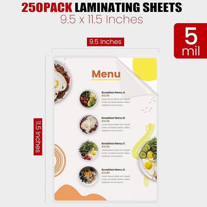 CAREGY Thermal Laminating Pouches,250 Pack Laminating Sheets, 5 Mil, 9 x 11.5 Inches Lamination Sheet Paper for Laminator, Round Corner Letter Size, Office and School Supplies