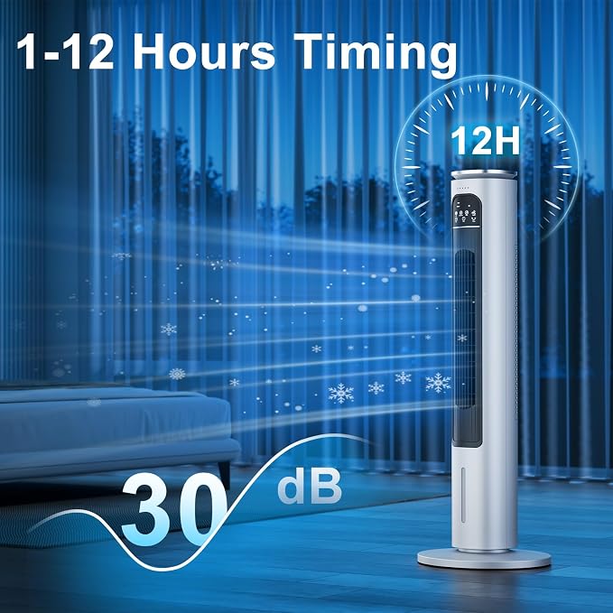 Windowless Portable Air Conditioner Ac Unit with Remote,37” Ventless Evaporative Air Cooler,Quiet Swamp Cooler for 4 Modes, Ductless Tower Fan For 12H Timer, Ice Packs for home Bedroom Indoor White