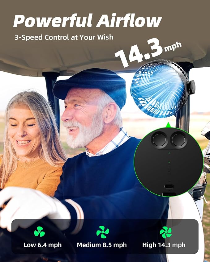 Magnetic Golf Cart Fan Rechargeable,10000mAH Battery Operated Portable Fan with 3 Speeds,30H Working Time,LED Lantern,360° Rotatable Head, Fits EZGO/Club Car/Yamaha Golf Cart