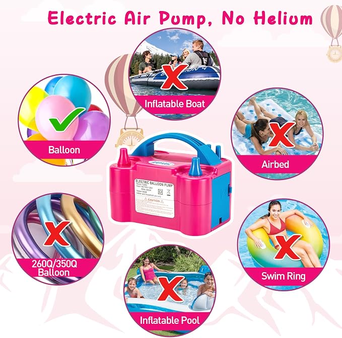 AGPTEK Electric Air Balloon Pump, 110V 600W Rose Red Portable Dual Nozzle Inflator/Blower for Party Decoration