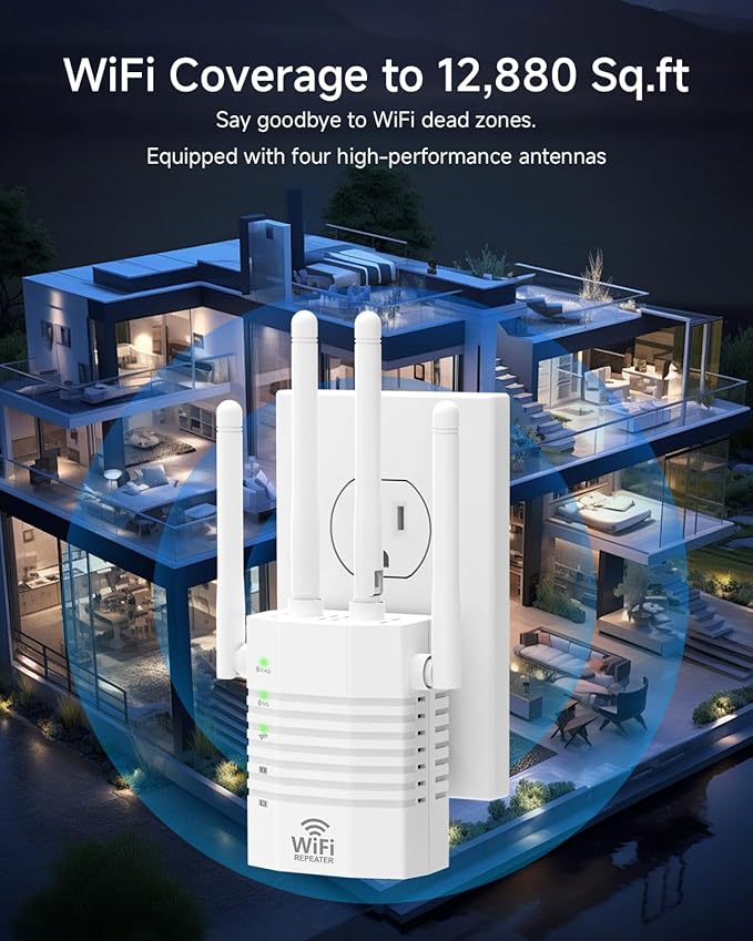 1-Tap Setup WiFi Extender, Dual Band 5GHz/2.4GHz WiFi Signal Booster, 12880 Sq.Ft WiFi Range Extender, 105 Devices Supported, Ethernet Port & High Speed Signal Amplifier