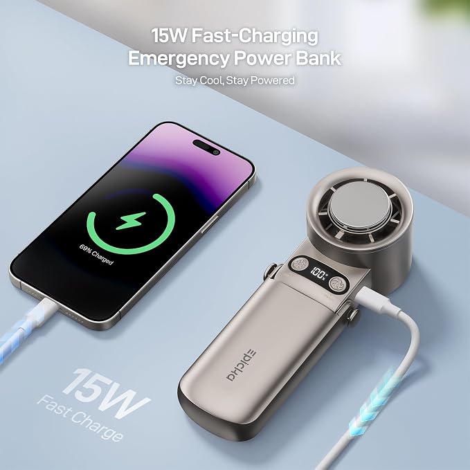 EPICKA Portable Handheld Fan with Ice Cooler - 25H Runtime, Rechargeable 6800mAh Personal Turbo Fan with Power Bank, Fast Charging, 0-100 Speed, Gifts for Women, Summer Travel Essentials, Gold
