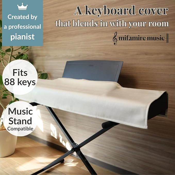 88 Keys Piano Keyboard Dust Cover PiuColor, Designed by Professional Pianist, Music Stand Compatible, Washable Digital Piano Cover, Blends with Your Room, Japan Design (Grayish White)