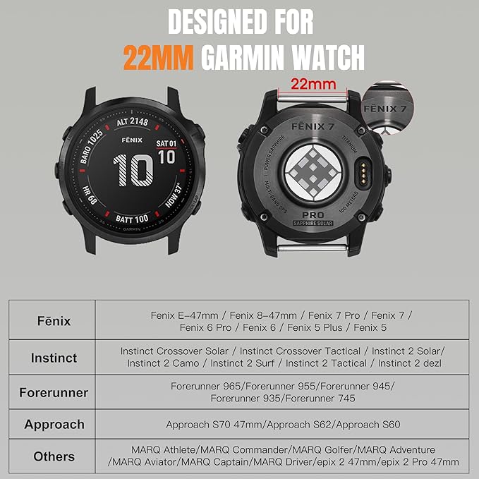 Bandletic Compatible with Garmin Instinct Watch Bands - 22mm Quick Fit Rugged Strap with Magnetic Fidlock V-Buckle for Fenix 8 47mm/7 6 Pro/5/5 Plus/Forerunner 965/945/Approach S62/S60/Quatix 7