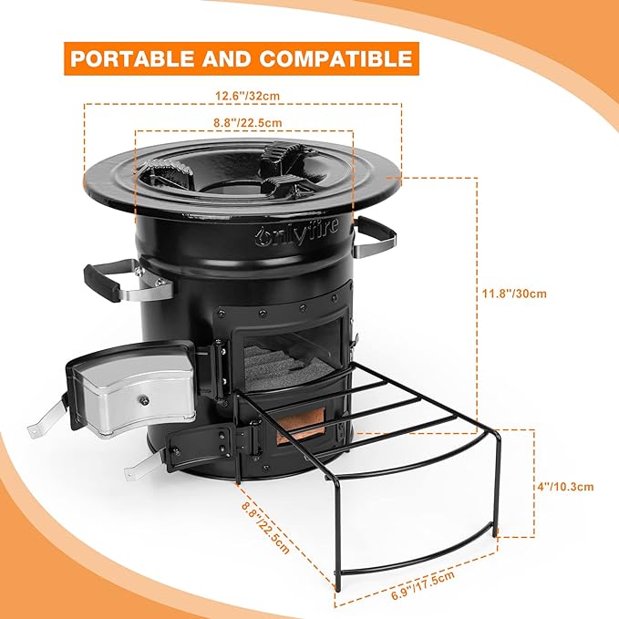 Onlyfire Cast Iron Rocket Stove – Heavy Duty Portable Wood Burning Camp Stove for Outdoor Cooking, Patio, Survival – High Fuel Efficiency, Low Smoke, Supports Pots & Dutch Oven, 12.7x12.7x11.4 in