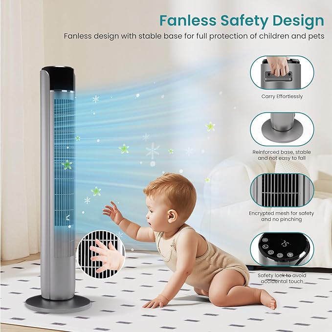 Tower Fan for Bedroom, 36 Inch Bladeless Floor Fan with Remote, 60° Oscillating Electric Standing Fan, 5 Speeds & 4 Modes, 12H Timer, 28dB Quiet, 25ft Airflow for Home, Office, Indoor Use