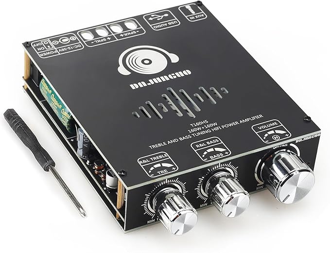 320W Audio Amplifier Board with Treble and Bass Control, DC 12-36V, Bluetooth 5.2 and AUX Inputs, 2.0 Channel Stereo AMP Board for DIY Wireless Speakers (Black3 T160HS)