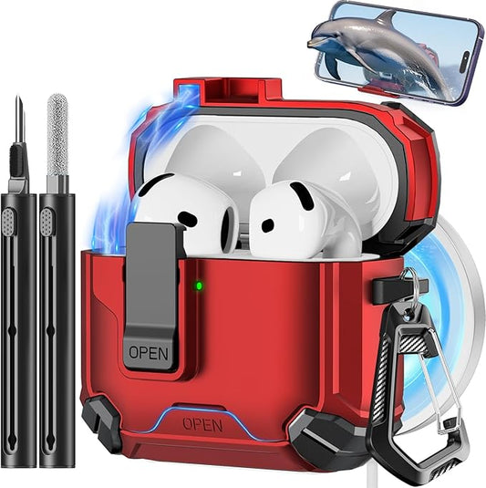 Pohgelan Compatible with AirPods 4 Case,Magnetic Automatic Lock with Phone Stand & Cleaning Kit,Compatible with Magsafe Cover -Red