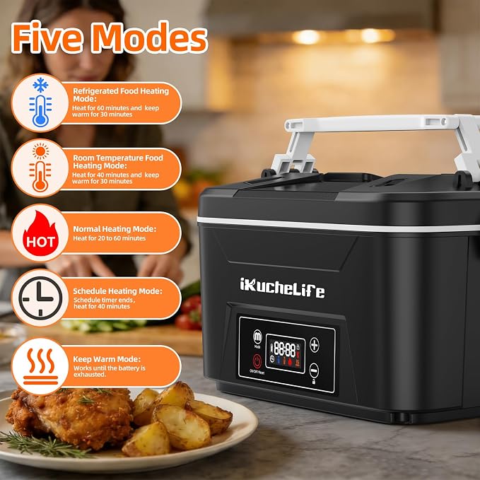 Heated Lunch Box, 24000mAh Cordless Electric Lunch Box with Scheduled Heating, 1.2L Rechargeable Portable Food Warmer with Digital Display for Work, Travel, Office, Camping,Black