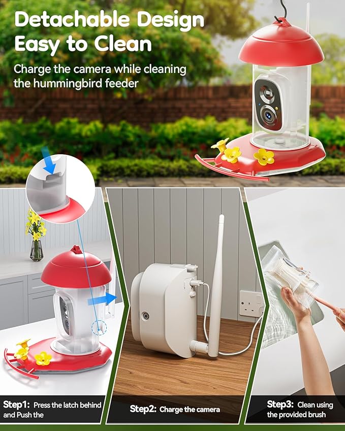 LongPlus® Hummingbird Feeder with Camera for Outdoors Solar Powered,Smart Bird Camera with 2K Live Video,Ant Guard Base,AI Identify Bird Species,Ant Moat,Bee Proof with 3 Feeding Ports,Gifts Ideal