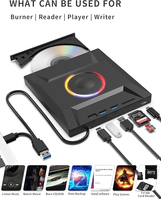 External CD DVD Drive,7 in 1 USB 3.0 and Type-C CD Burner Player Writer with 2 USB Ports and 1 TF/SD Card Slots,Portable Slim Optical Disk Driver for Laptop Mac PC Windows Linux OS