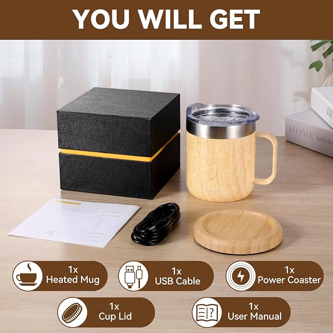 Gifts for Women Men, Heated Coffee Mug Up to 149°F, Ideal Gifts for Christmas, Birthday, Mother's Day, Father's Day or Any Occasion (12oz Bamboo)