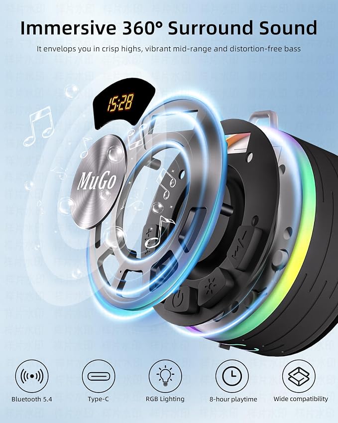 MuGo Bluetooth Shower Speaker, 360° HD Stereo Sound, IPX7 Waterproof Wireless Speaker Bluetooth 5.4 with RGB Lights, Suction Cup and Microphone, Small Shower Radio for Home/Party/Outdoor/Gifts