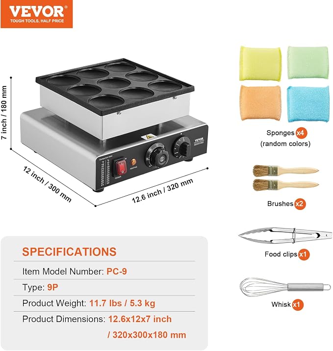 VEVOR Dutch Pancake Maker, 9PCS 76mm Diameter Dorayaki Baker Machine, 850W Commercial Electric Poffertjes Grill, Non-stick Stainless Steel, Temp & Time Control, for Home Kitchen Restaurant Snack Bar