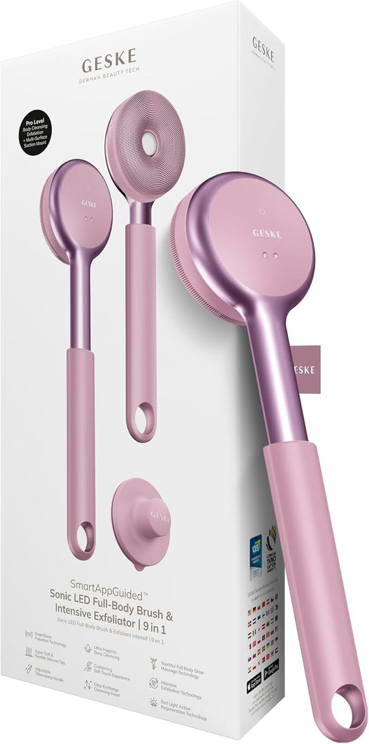 GESKE LED Sonic Full-Body Brush | 9 in 1 | Body Cleansing Brush & Intensive Exfoliator with LED | with SmartSonic Pulsations | Expert Deep Cleansing & Massage | Rough Skin Remover | Adjustable Handle