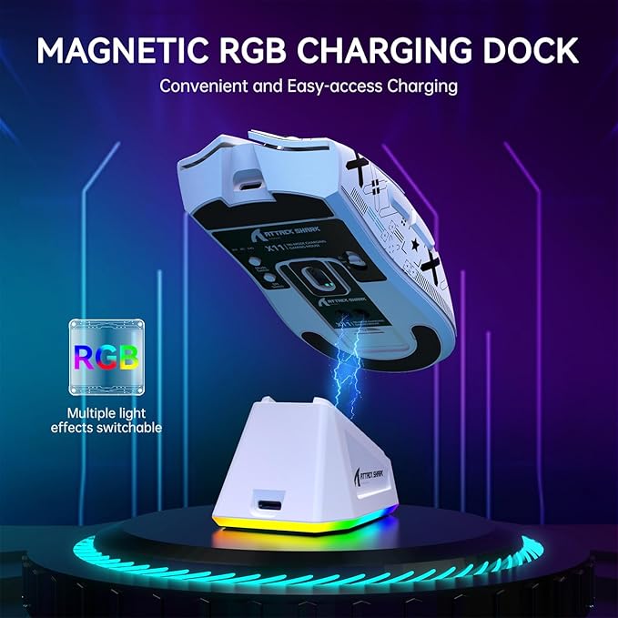 ATTACK SHARK X11 Lightweight Wireless Gaming Mouse with RGB Charging Dock,Tri-Mode-2.4G/USB-C Wired/BT,22K DPI,PAW3311 Optical Sensor,HUYU Switch, 5 programmable Buttons for PC/Mac(White&Sticker)