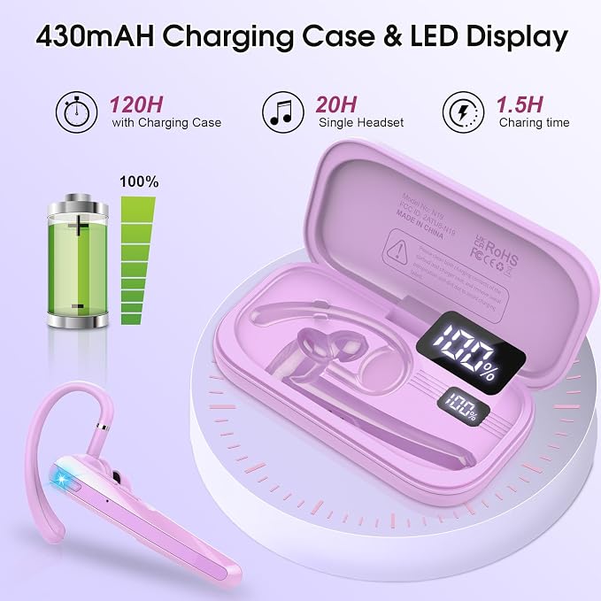 Bluetooth Headset V5.3, Wireless Headset with ENC Noise Canceling Mic, 120Hrs Talk Single-Ear Bluetooth Earpiece, LED Display, IP7 Waterproof Hand-Free Earphone for Business/Trucker/Driver, Purple