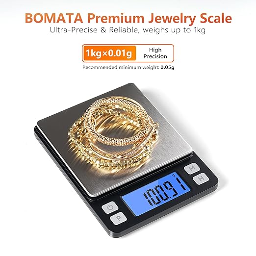 BOMATA 0.01g High Precision Jewelry Scale, 1000g Digital Gram Scale with Hold, Tare & Counting Function, Small & Portable Design for Gold, Bullion, Coins, Gemstones & Crafts, Black