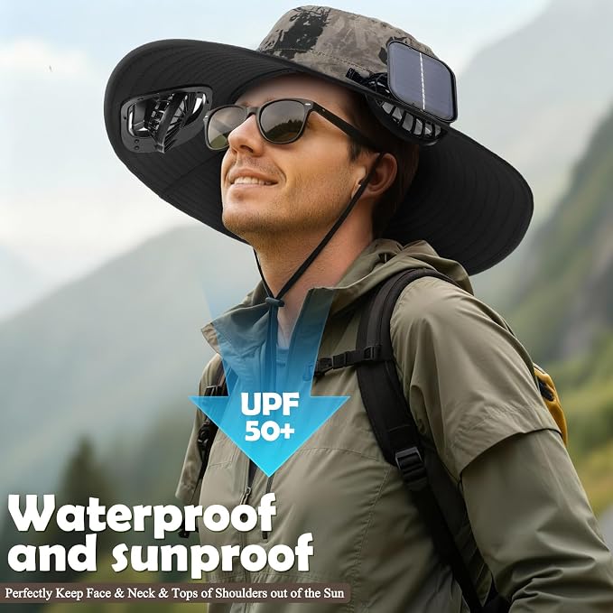Berlune Sun Hat with 2 Solar Fan Wide Brim Fishing Bucket Hat USB & Solar for Men Women UPF 50+ Cooling for Fishing Beach