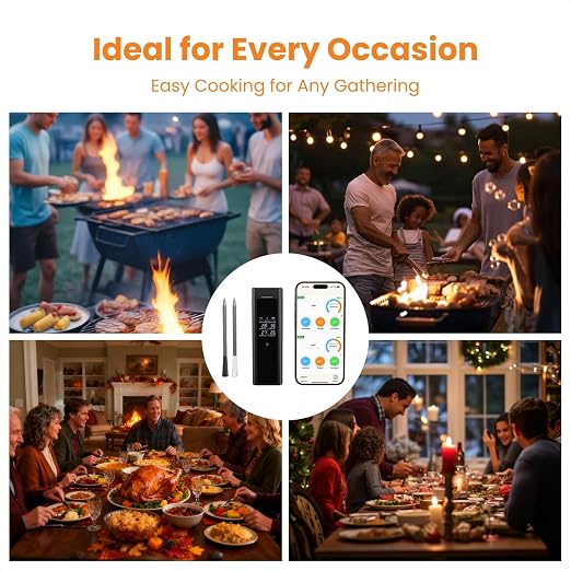 Wireless Meat Thermometer with 2 Color-Coded Probes, ±1.8° F Accuracy, IP67 Waterproof, App Control & Real-Time Monitoring, Two-Way Alerts for Kitchen, BBQ, Grill, Oven, Smoker