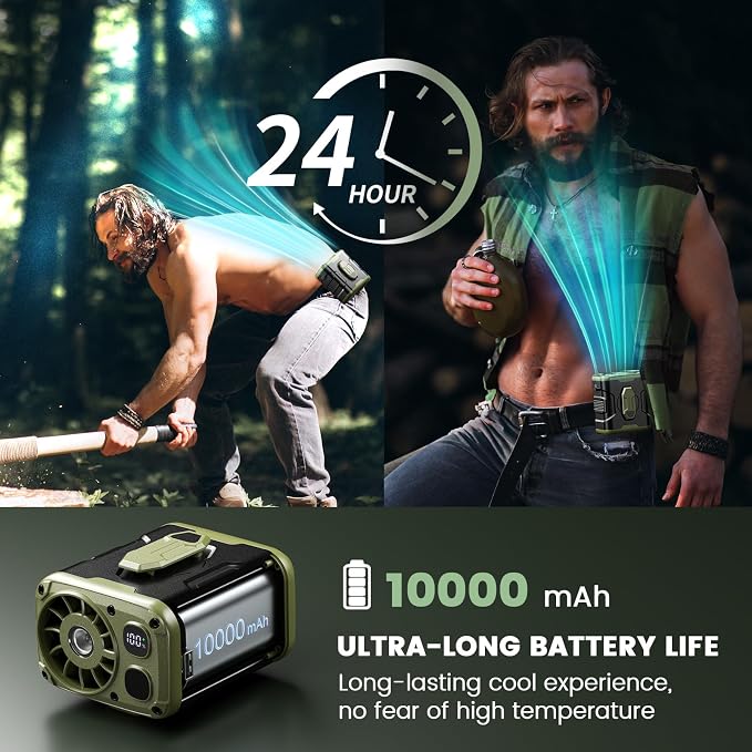 coldSky Upgraded Waist Fan Clip On, Wearable Belt/Neck Personal Fan with Light, 5 Speeds Strong Airflow Cooling for Outdoor Jobsite Camping Travel