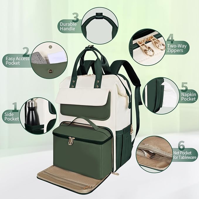 BERTASCHE Lunch Backpack for Women, 17.3 Inch Laptop Backpack with Insulated Cooler Lunch box, Nurse Backpack for Teacher Work Travel College Picnic,Green-Beige