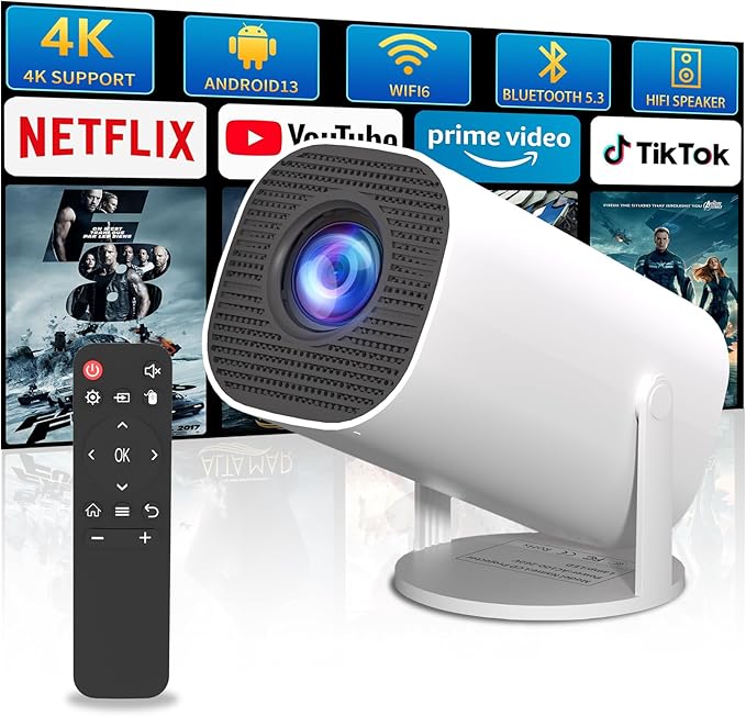 Mini Projector with WiFi and Bluetooth, Portable Outdoor Movie Projector Supports 4K/8K with Android System, Smart Proyector for Home Theater, Business Presentation, Gmaing