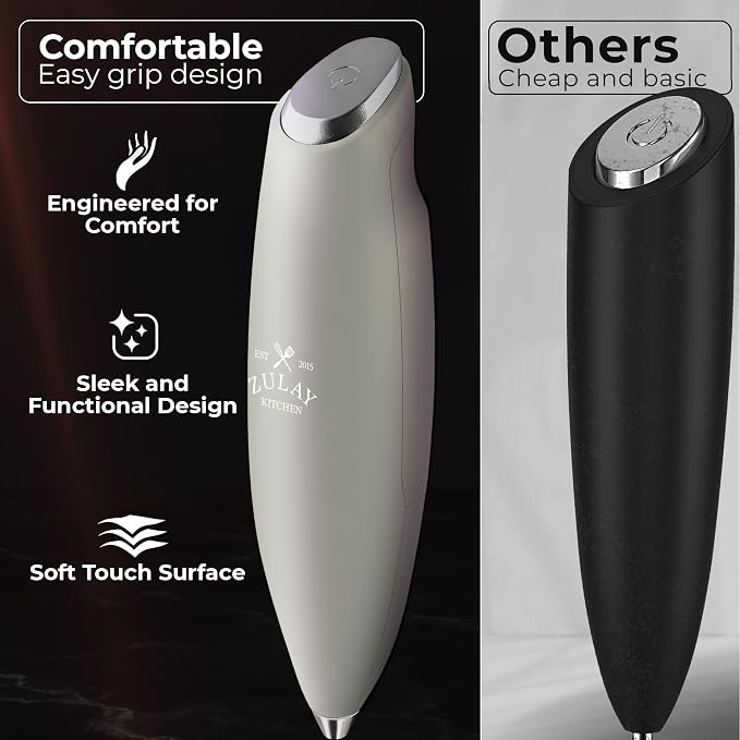 Zulay Kitchen Powerful Milk Frother Wand With Duracell Batteries - Ultra Fast Handheld Drink Mixer - Electric Whisk Foam Maker for Coffee, Lattes, Cappuccino & Matcha - Triple Whisk - Pewter Gray