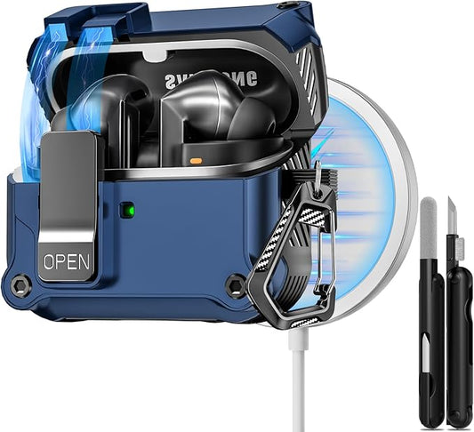 Secure Lock Case for Samsung Galaxy Buds3 FE (2025)/Buds3 Pro & Galaxy Buds 3 (2024), Shockproof Hard Case Cover with Cleaning Kit & Keychain | Auto-Open | Compatible with MagSafe