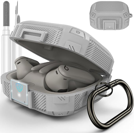 [Upgrade Secure Lock] for Beats Powerbeats Pro 2 Case Cover, LDSXAY Carbon Fiber Shockproof Protective Cover for Powerbeats Pro 2 2025 with Cleaner Kit & Carabiner (Grey)