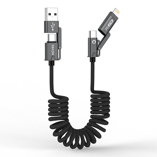 AGVEE 3ft 4-in-1 Coiled Multi USB C Charging Cable, Secure-Slide No-Loss Adapters, Slim Tips Fit Thick Cases, Lightning End Reinforced, PD 60W for iPhone Carplay, Samsung, iPad, Black