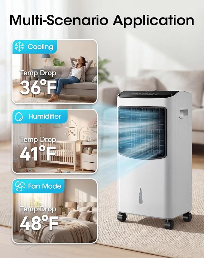 Tehanld Portable Evaporative Air Cooler, 2.4 Gal Swamp Cooler with 4 Ice Packs, 1620 CFM Windowless Room Cooling Fan with 120° Oscillation, 3 Speeds, 16H Timer & Remote for Home, Bedroom