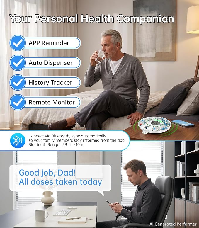 Bluetooth Automatic Pill Dispenser with App, Alarm, Light Alerts, 28-Day Medication Organizer for Seniors & Caregivers with Tracks Adherence History, Clear LCD, Key Lock, for Vitamins Prescriptions