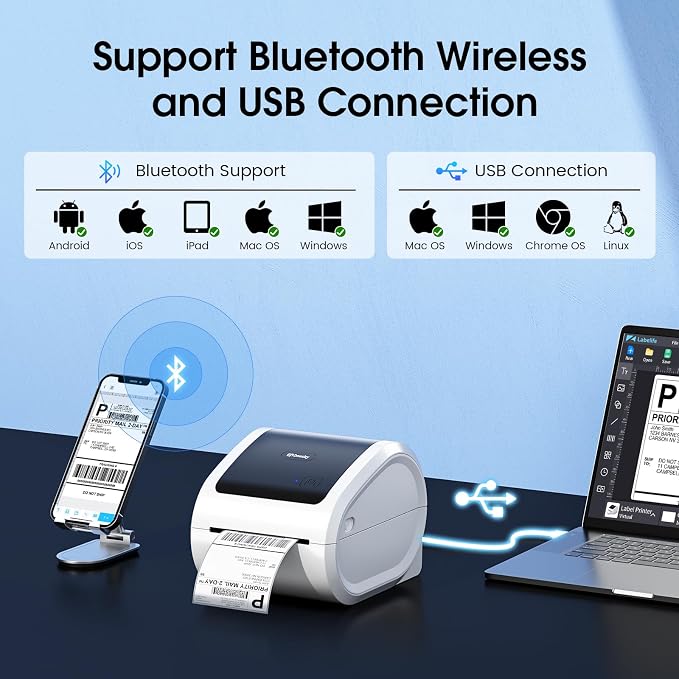 Bluetooth Shipping Label Printer with 1 Roll Labels - D520BT Thermal Label Printer, Thermal Printers with Built-in Label Holder, Come with 500PCS 4x6‬ White Labels (500 Labels/Roll)