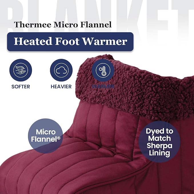 Thermee Micro Flannel Heated Foot Warmer, Sherpa Fleece, 2-Hour Safety Shut-Off, Electric Foot Heater for Women & Men, Foot Warmers for Feet, Heated Slippers, Under Desk Foot Warmer - Burgundy