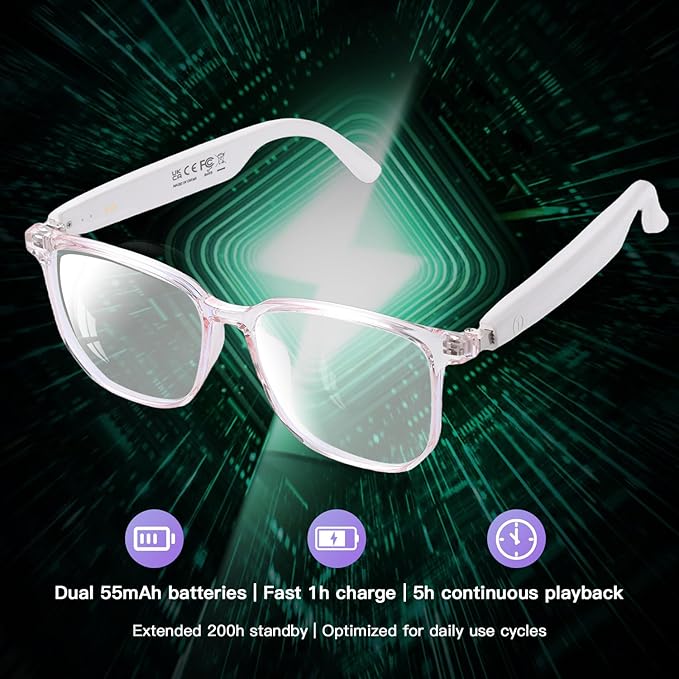 Smart Glasses for Women, Open Ear Audio Bluetooth glasses with Speakers & Mic, Anti-Blue Light Lenses, Voice Assistant, Touch Control, IPX5 Waterproof, Hands-Free Calls & Music Glasses Headphones