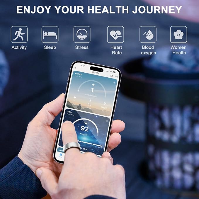 Smart Ring for Women Men,Fitness Tracker Ring with Sleep Monitor,Heart Rate,Blood Oxygen,Steps,Calories Tracker,IP68 Waterproof Smart Rings,5-7 Days Battery Life for iOS Android,No App Fee（Silver,12）