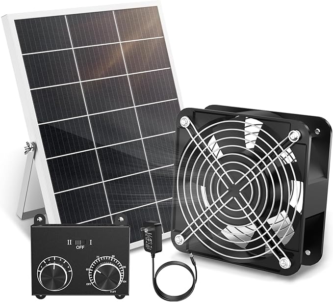 HG Power 25W Solar Fan for Chicken Coop with Thermostat, Adapter, Metal Solar Exhaust Fan 600 CFM with Speed Settings, 2 Power Auto-Switch for Chicken Coops, Doghouse Small Greenhouses, Shed