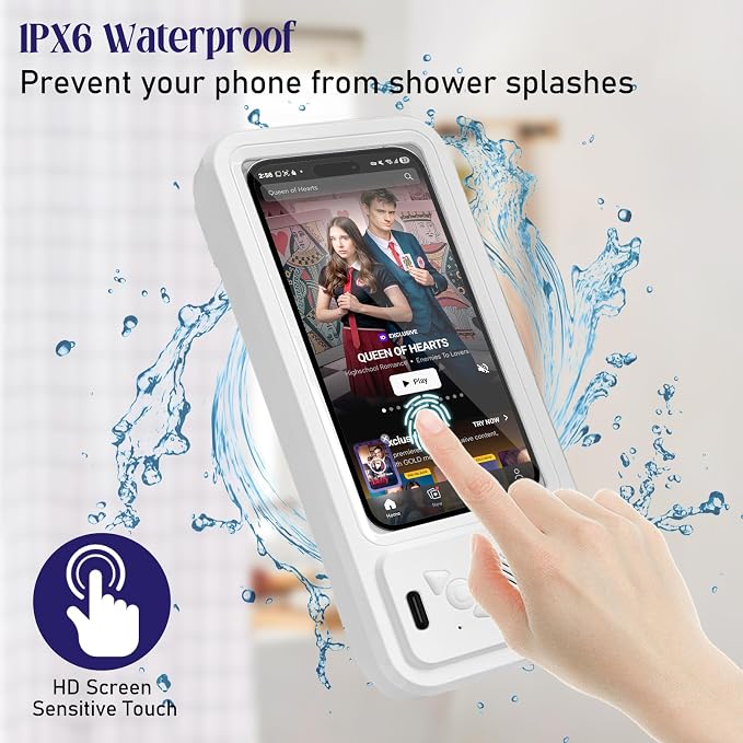 Shower Phone Holder with Wireless Bluetooth Speaker, Waterproof 480 Rotation Viewable Shower Phone Stand Case Mount Speakers for Bathroom Wall Mirro for 4"- 6.8" Cell Phones ,Gift for Mom(White)