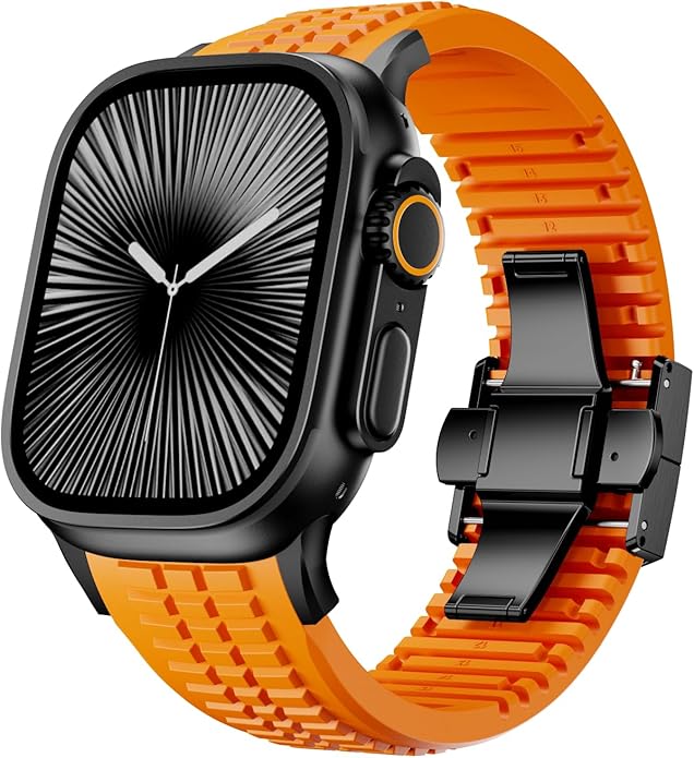 Silicone Watch Band Compatible with iWatch Ultra 2 / Ultra/Series 10 9 8 7 (44mm 45mm 46mm 49mm), Sport bands with Folding buckle, Rugged Heavy Duty Modern Design for Men