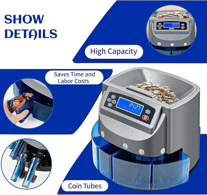 Coin Counter Machine, Coin Sorter Machine with LCD Display, 500 Coins Capacity Automatic Coin Sorter and Wrapper Machine, Sorts up to 270 Coins/min, Change Counter for USD Coin 1￠ 5￠ 10￠ 25￠ $1