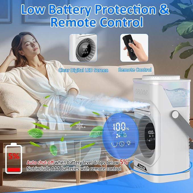 Portable Air Conditioner Fan, 10000 mAh Rechargeable Desk Fan, 900ML Misting Fan with 3 Spray Levels, 120° Rotation, 10 Wind Speeds & 7-Color Light Personal Cooling Fan for Home, Office, Camping