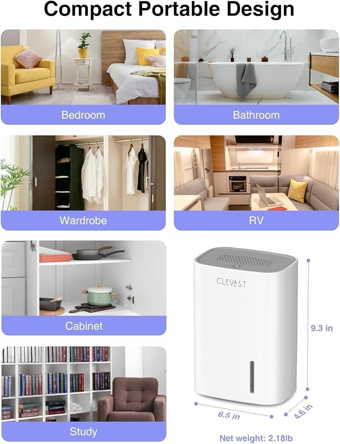 CLEVAST Small Dehumidifier for Home, 30 OZ Mini Quiet Dehumidifiers for Bedroom, Portable Compact Air Dehumidifier for Bathroom, Closet, RV, Camper, House (285 sq. ft), Not Cordless