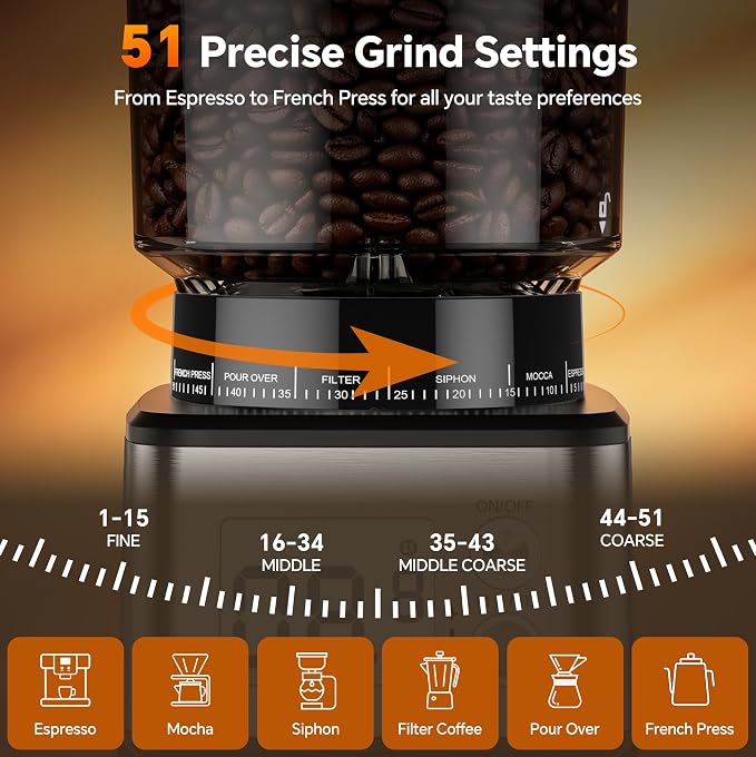 Conical Burr Coffee Grinder, 51 Precise Grind Settings Automatic Coffee Grinder, Smart Dual Control LED Display, 1-12 Cups, with Portafilter Holder, Anti-StaticStainless Steel, Memory Function