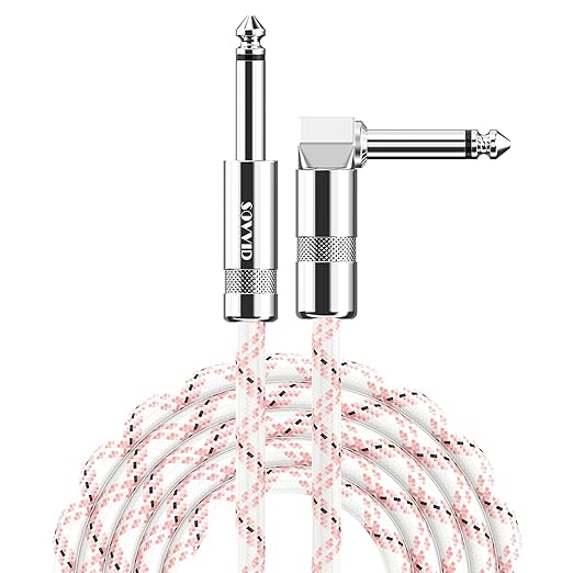 10FT Instrument Cable - Electric Guitar & Bass Cable with Right Angle 1/4 Inch Connector - Pink White