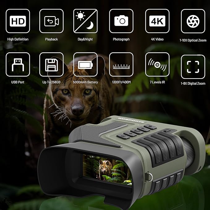 WOSPORTS 4K Night Vision Goggles – 10X Optical & 8X Digital Zoom, 1315FT Infrared Range, Rechargeable 5000mAh Battery, IPX Waterproof, Ideal for Camping, Army Green
