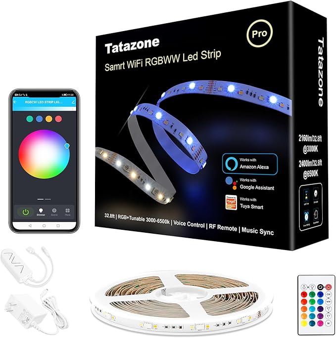 Tatazone RGBWW Smart LED Strip Lights, 32.8ft Tunable White 3000K to 6500K+RGB WiFi Led Light Strips Work with Alexa Google, Music Sync Color Changing Indoor Rope Lights for Kitchen, Room, Cabinet