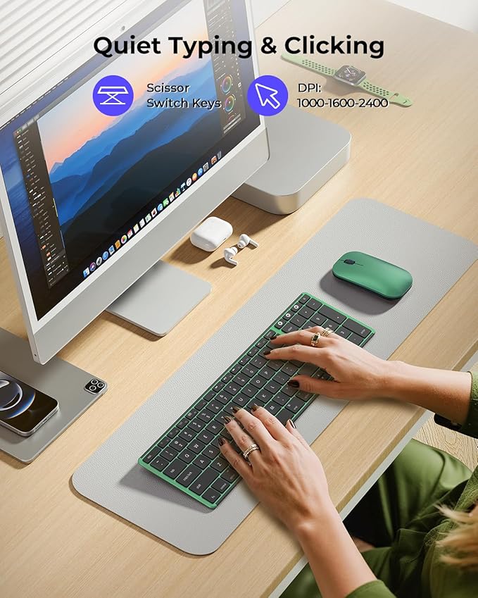 seenda Bluetooth Keyboard and Mouse Combo for Mac, SKM64-2 Rechargeable Silent Wireless Keyboard Mouse Compact Slim, 3 Multi-Device Connection, Compatible for Mac MacBook Pro/Air iPad, Black Green